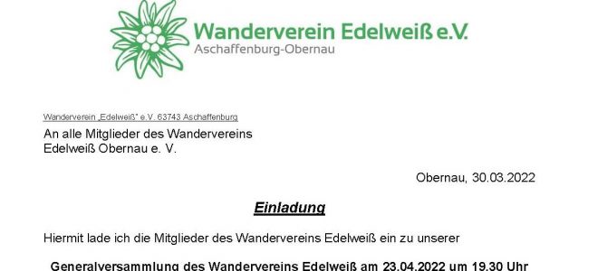 Einladung zur Generalversammlung am 23.4.22